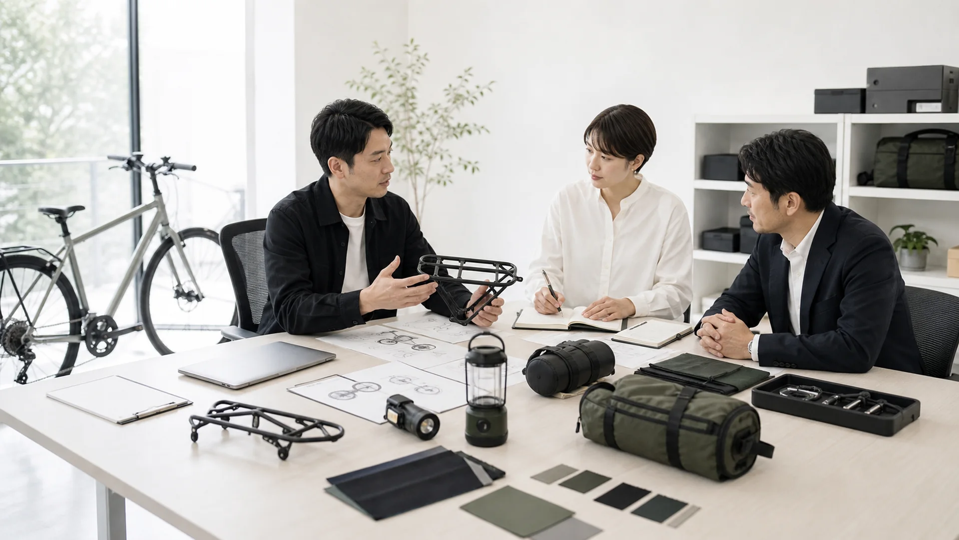 自転車とアウトドア用品の商品企画について商談するスタッフ