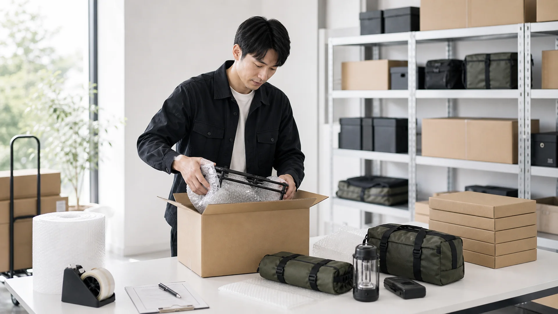 アウトドア用品の収納と梱包作業