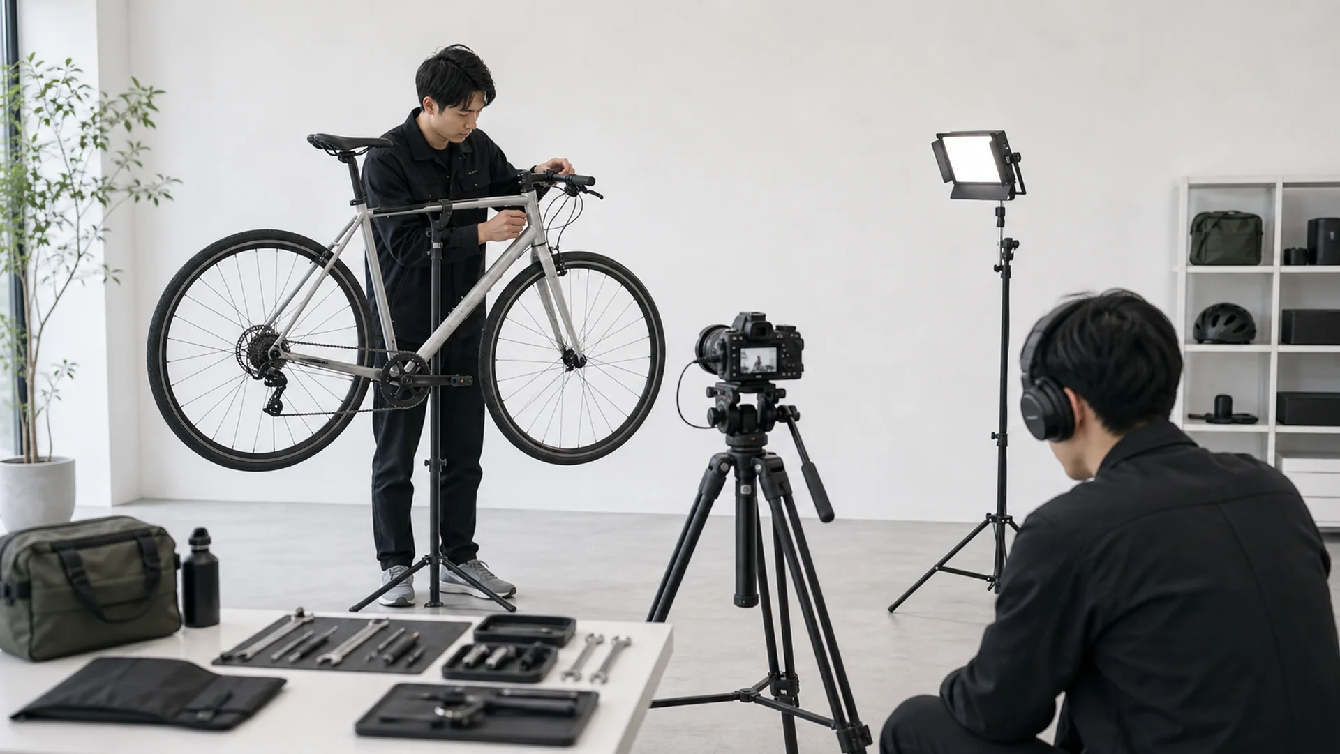 自転車の組立動画を撮影するスタッフと撮影機材