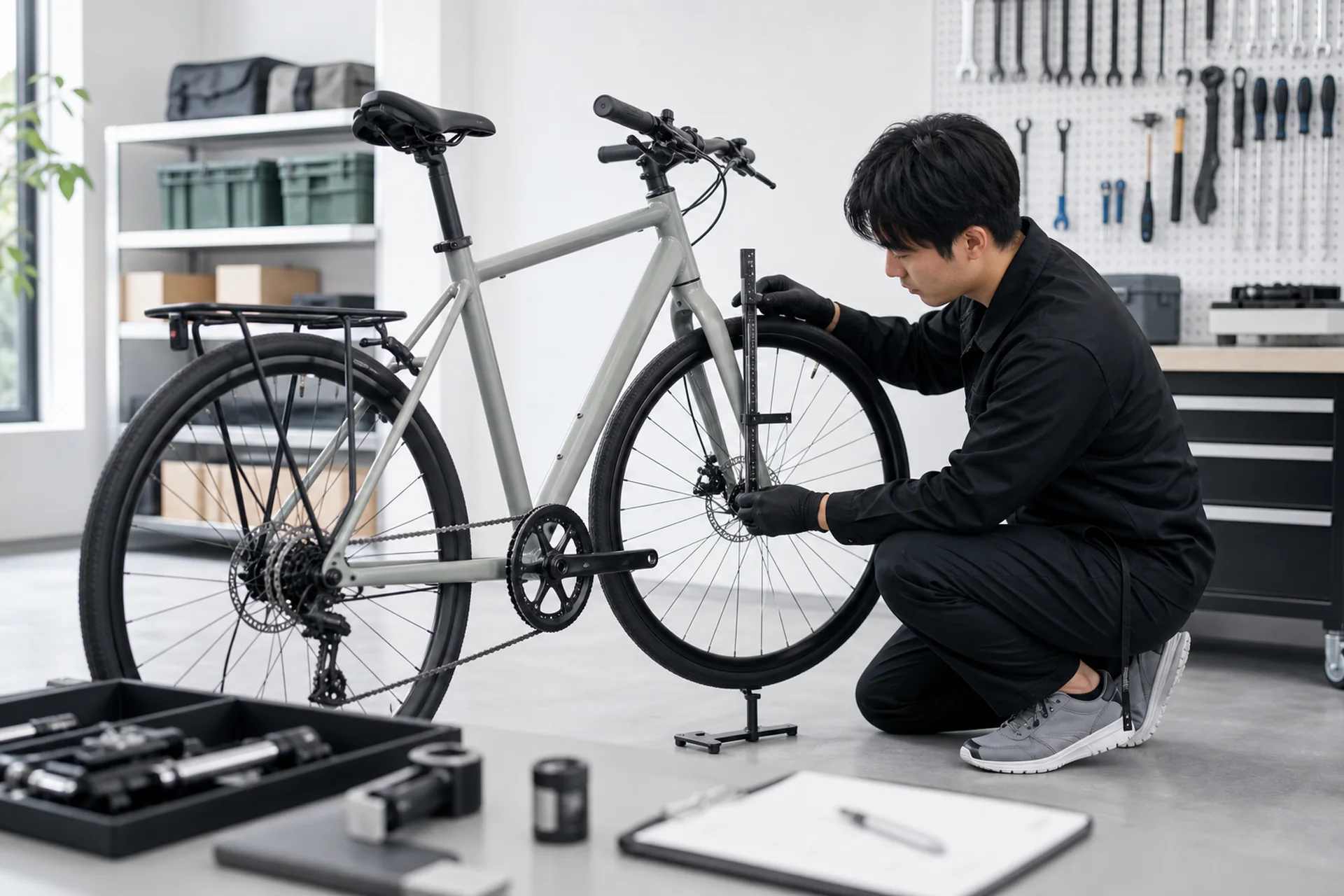 自転車の検品を行う品質管理担当者
